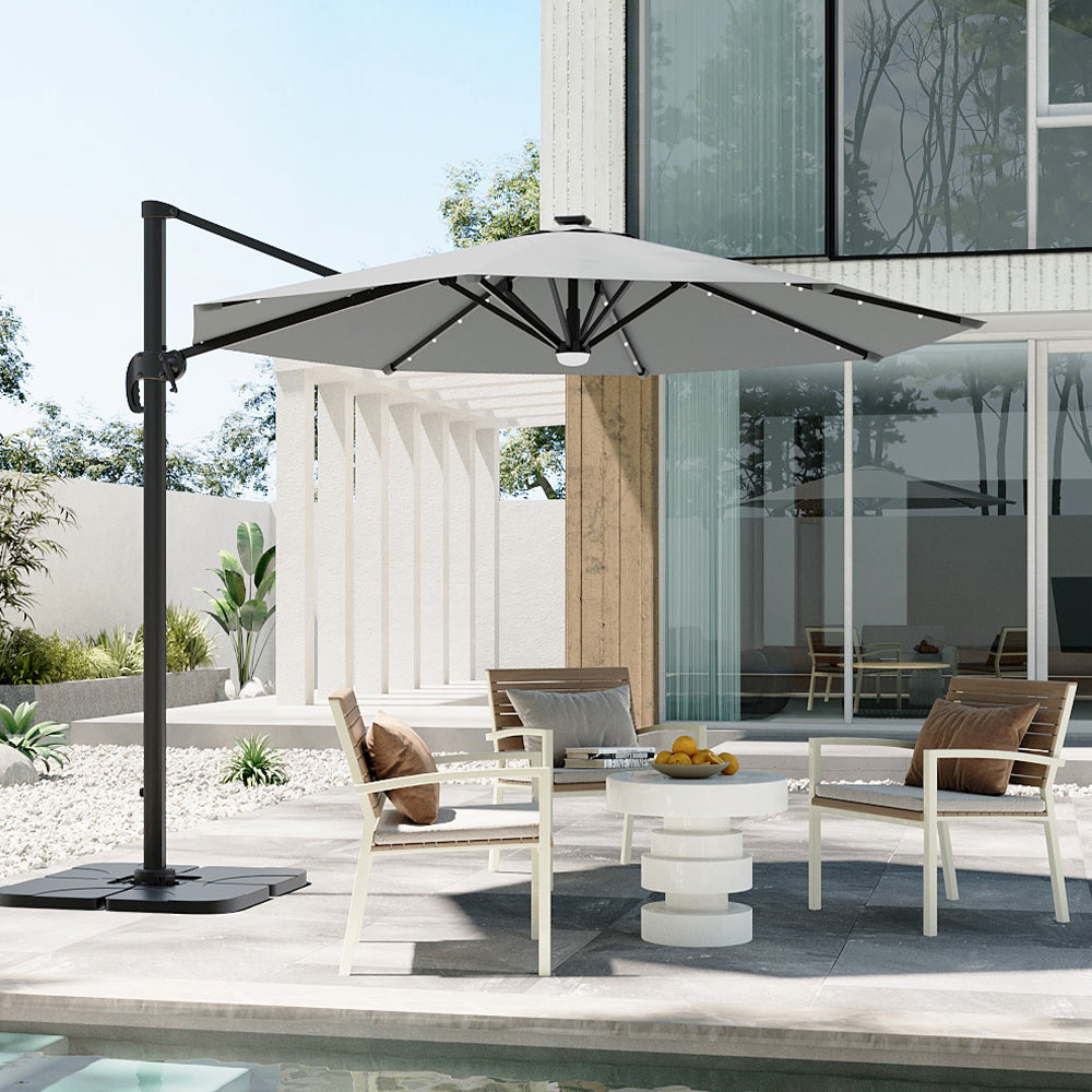 Round Cantilever Garden Parasol Umbrella with Solar Light and Base